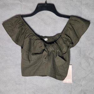 Simply Blessed Off Shoulder Crop Top Flirty Ruffle Trim Decorative Bow On Front